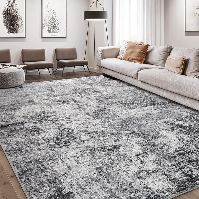 Area Rug Living Room Rugs - 7x9 Large Soft Indoor Neutral Modern Abstract Low Pile Washable Rug Carpet for Bedroom Dining Room Farmhouse Home Office - Grey