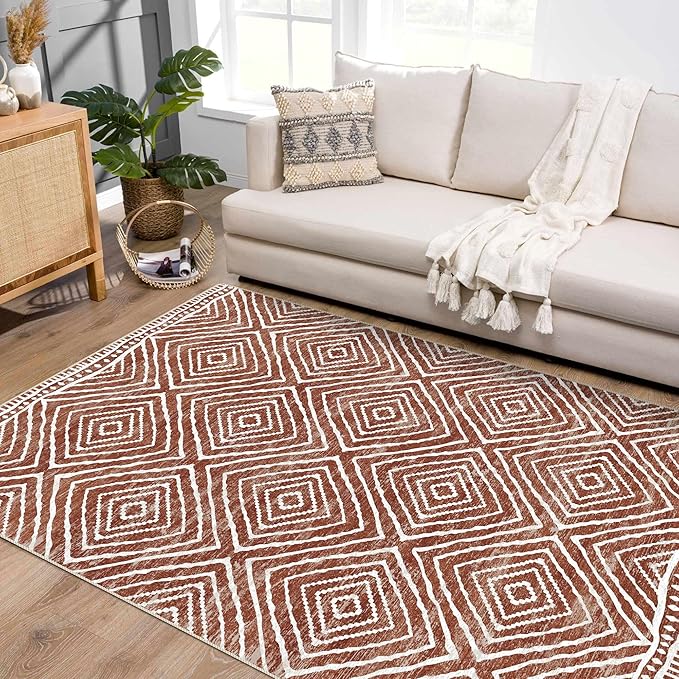 3x5 Rug, Small Area Rug for Living Room, Bedroom, Kitchen, Machine Washable Non-Slip Throw Rug, Low Pile Carpet Western Rug for Entryway Nursery Coffee Table, Brown Red