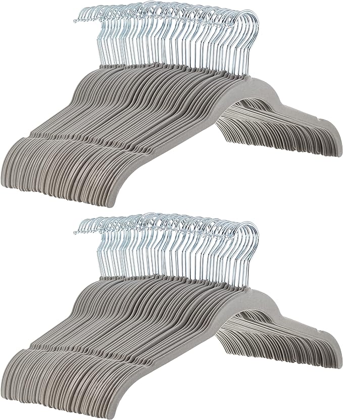 Amazon Basics Non-Slip Shirt Clothes Hangers Velvet, Space-Saving Slim, Sturdy, Pack of 100, Gray/Silver