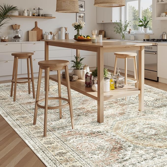 Washable Area Rug 8x10, Large Soft Rugs for Living Room Vintage 8x10 Area Rugs for Bedroom Dining Room Non-Slip Stain Resistant Under Table Brown Pink Rug
