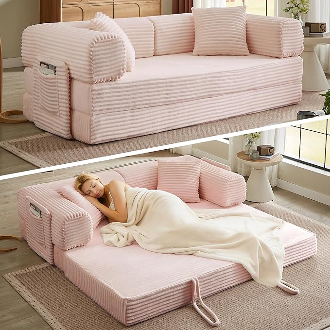 Boneless Couch Folding Couches for Living Room Sofa, Futon Sofa Bed with Sleeper Sofa, Futon Couch with Fixed-Shape Oversized Corduroy Upholstered (Pink, 81 Inches)