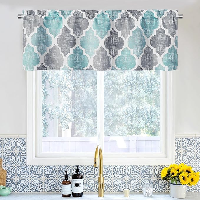Beauoop Blackout Window Valances Curtains Geometric Quatrefoil Trellis Printed Room Darkening Thermal Insulated Rod Pocket Short Valance Curtains Cafe Bathroom, Spa/Gray, 50" W x 18" L, 1 Panel