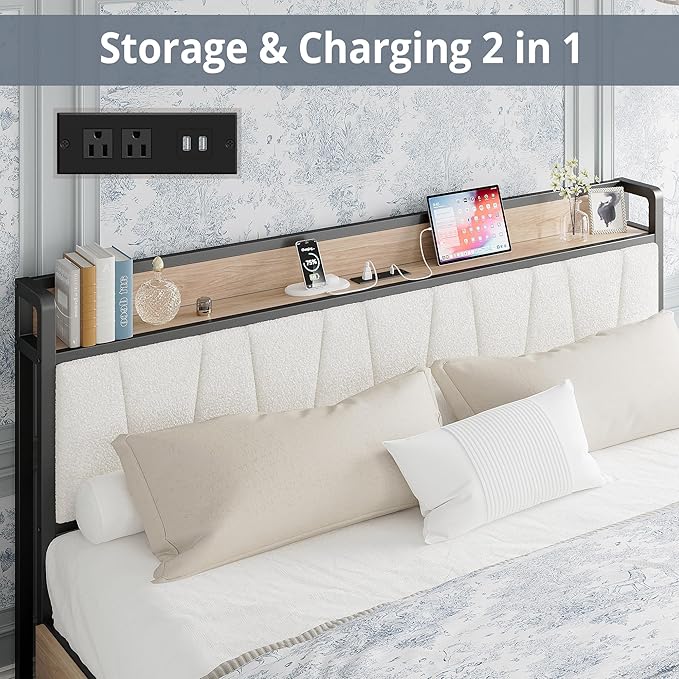 LIKIMIO King Bed Frame with 4 Storage Drawers, Platform Bed with Charged Headboard, Sturdy and Stable, No Noise, No Box Spring Needed, Easy to Install, Wood and Cream