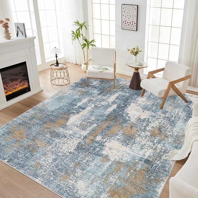 Area Rug Living Room Rugs - 6x9 Washable Soft Indoor Neutral Modern Abstract Low Pile Rug Carpet for Bedroom Dining Room Farmhouse Home Office - Blue Brown