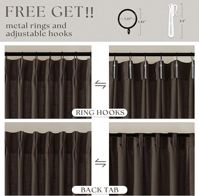 Dark Chocolate Pinch Pleated Linen Curtains 2 Panels for Living Room Bedroom Memory Training Shaped Semi Sheer Pleat Drapes with Hooks Rings Light Filtering Window Curtain 40x108