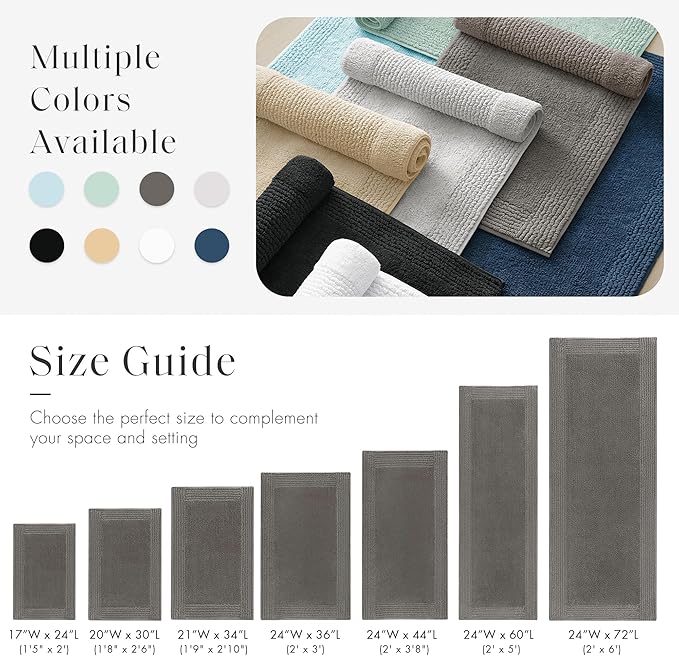 Madison Park Splendor Reversible 100% Cotton Tufted Bathroom Rug-3000 GSM Hotel Quality Luxurious Plush Medium Pile Bath Mat Absorbent, Quick Dry, Shower Room Décor, 24x60 Charcoal