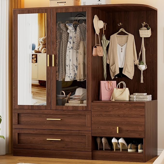PAKASEPT 2 Doors Armoire Wardrobe Closet with Mirror,71'' Tall Freestanding Wooden Wardrobe Closet Farmhouse Storage Cabinet for Bedroom with Hanging Rod,Clothes Hook,Drawers,Hidden Bench,Retro Brown