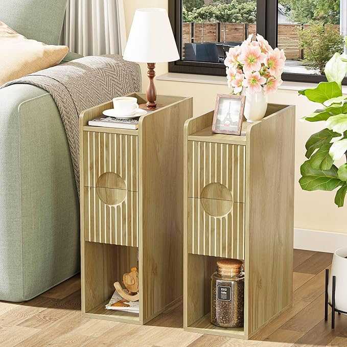 Narrow Nightstand Set of 2, Wood 2 Drawer Narrow Nightstand, Skinny Night Stand with Open Storage, Mid Century Modern Slim Bedside Table for Bedroom, Natural Oak