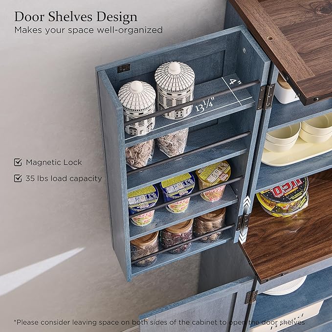 ACCOHOHO 72" Tall Kitchen Pantry, Farmhouse Storage Cabinet with Barn Doors, Organizer, Drawer and Adjustable Shelves, Rustic Wood Cupboard for Kitchen, Dining Room, Bathroom and Hallway, Rustic Blue