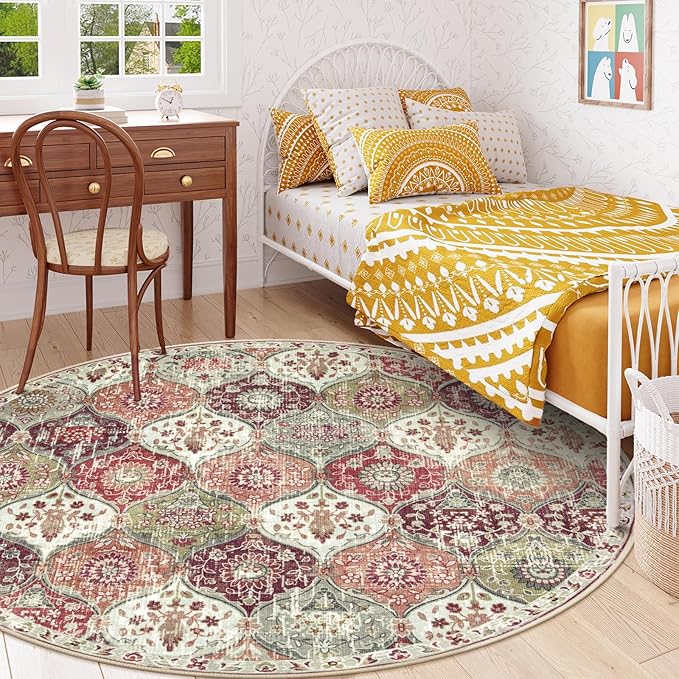 Lahome Moroccan Trellis Washable Round Area Rug, Round Rug 5ft Soft Non-Slip, Non-Shedding Distressed Circle Carpet for Bedroom Living Room Bathroom Nursery Kitchen, Orange/Terracotta