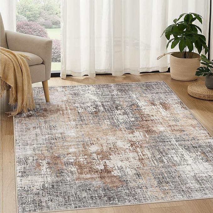 Square Area Rug Living Room Rugs - 6x6 Washable Large Soft Indoor Neutral Modern Abstract Low Pile Rug Carpet for Bedroom Dining Room Farmhouse Home Office - Grey Brown
