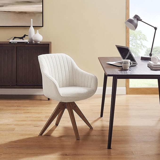 Zouron Mid Century Modern Accent Chair with Wooden Legs, Upholstered Swivel Chair No Wheels, Side Accent Armchair Vanity Chair for Small Space Home Office Living Room Bedroom, Beige