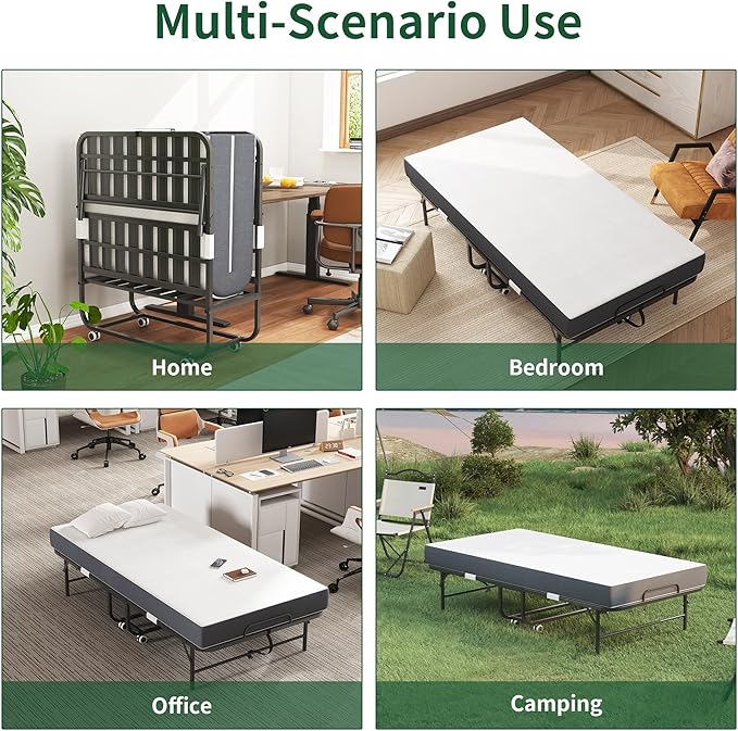 75" x 38" Twin Folding Bed with 3.7" Memory Foam Mattress, Portable Foldable Extra Bed, Rollaway Bed for Guests, and Sturdy Metal Frame