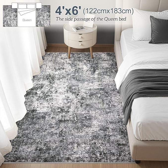 Area Rug Living Room Rugs - 4x6 Large Soft Indoor Neutral Modern Abstract Low Pile Washable Rug Carpet for Bedroom Dining Room Farmhouse Home Office - Grey