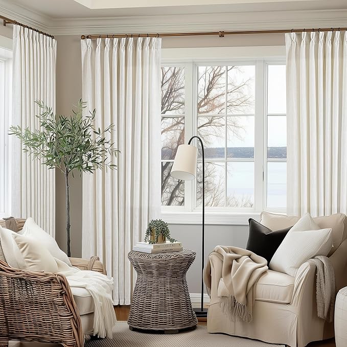 Natural Pinch Pleated Linen Curtains 1 Panel for Living Room Bedroom Memory Training Shaped Semi Sheer Pleat Drapes with Hooks Rings Light Filtering Window Curtain 60x108