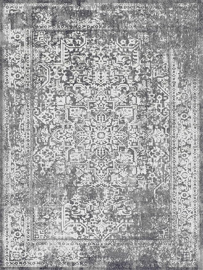 vivorug 6x9 Area Rugs, Stain Resistant Washable Rug for Living Room, Vintage-Inspired Grey Rug