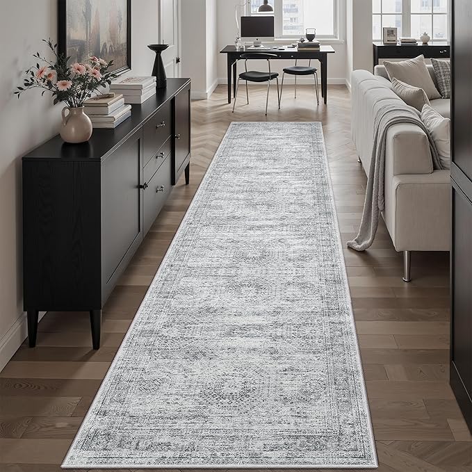 Runner Rug 2'6" x 10' Washable Non-Slip Runner Rugs for Kitchen Bathroom Laundry Room Vintage Ultra Thin Runners for Hallway Entryway Grey