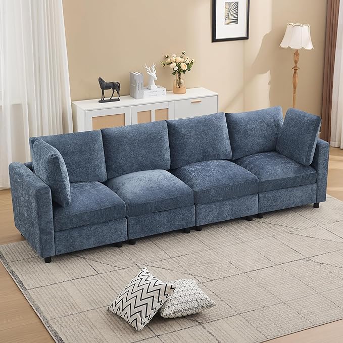 116'' 4-Seater Modular Sectional Cloud Sofa, Straight-Line Couches for Living Room, Modern Upholstered Deep Seat Sofa, Chenille Blue