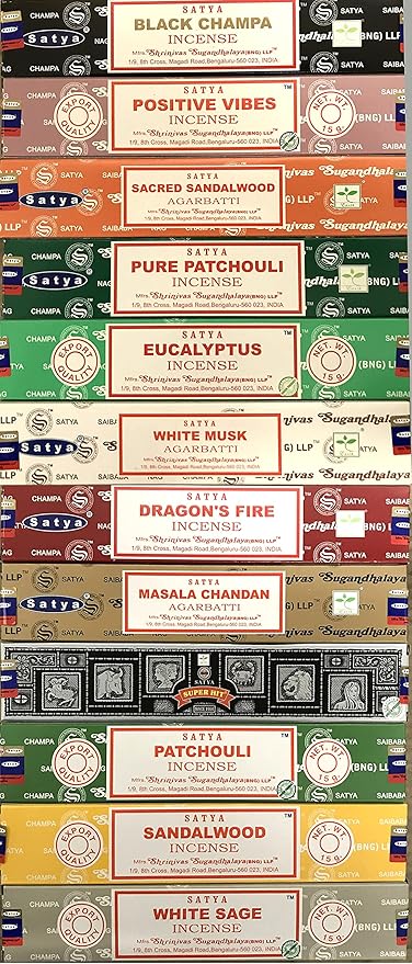Satya Bangalore (BNG) Set of 12 Black Champa, Positive Vibes, White Musk, Masala Chandan, Sandalwood, Patchouli, Pure Patchouli, Super Hit, White Sage, Dragon's Fire, Sacred Sandalwood, Eucalyptus