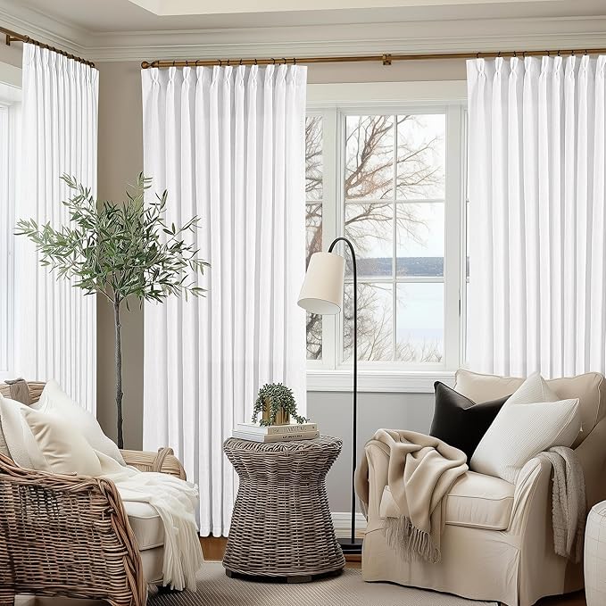 Extra Wide 108 Inch Long Curtains 70 Inch Wide Pinch Pleat Linen Curtains for Living Room Bedroom Light Filtering Privacy Pleated Drapes Hooks Rings Back Tab for Sliding Door White 1 Panel