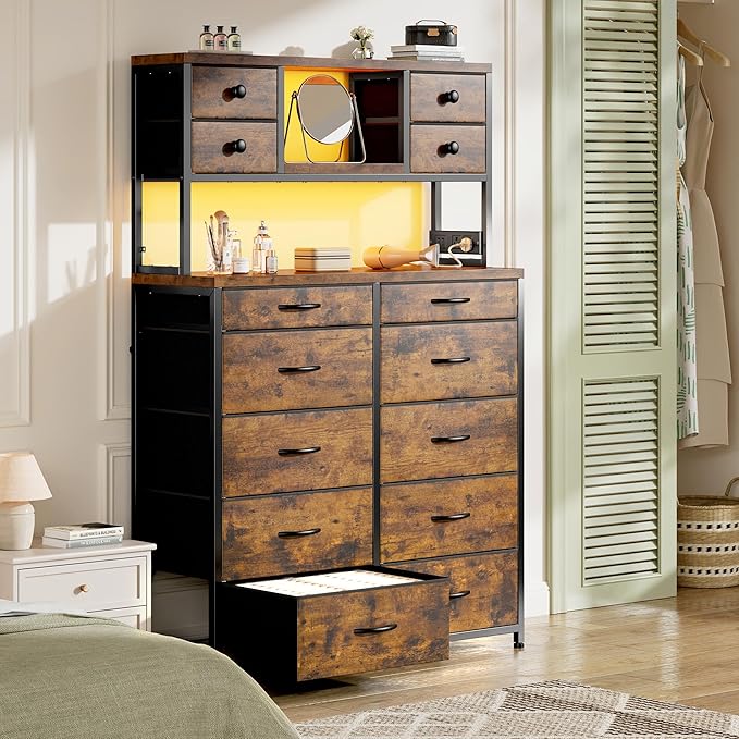 EnHomee 62.8" H Dresser for Bedroom with 14 Drawers,Fabric Dresser with Charging Station and LED Lights,Dressers & Chests of Drawers for Bedroom, Steel Frame & Wooden Top,Rustic Brown