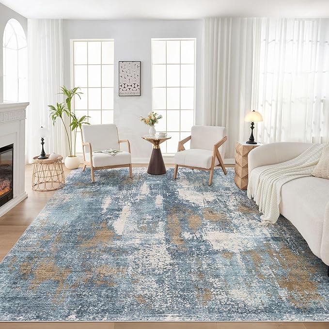Area Rug Living Room Rugs - 9x12 Washable Large Soft Indoor Neutral Modern Abstract Low Pile Rug Carpet for Bedroom Dining Room Farmhouse Home Office - Blue Brown