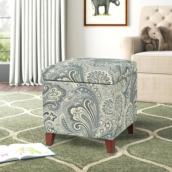 Adeco 18 Inch High Cube Ottoman Storage, Paisley Linen Chair Foot Stools, Upholstered Vanity Stool with Hinged Lid, Solid Wood Legs