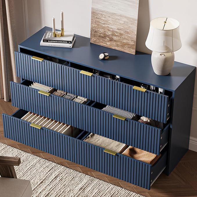 Navy 7 Drawer Dresser for Bedroom, 55.9" Wide Modern Fluted Dresser with Gold Metal Handles, Wide Chest of Drawers for Bedroom, Living Room, Entryway, Hallway