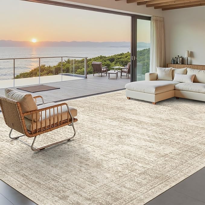 9x12 Area Rugs for Living Room, Non Slip Machine Washable Vintage Rugs, Low Pile Lightweight Large Rug for Bedroom, Dining Room, Home Office Beige