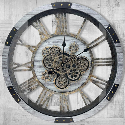 DORBOKER 27" Original Moving Gears Wall Clock, Large Industrial Wall Clock for Living Room Decor, Retro Metal Solid Wood Vintage Farmhouse Steampunk Rustic Clocks for Wall Decor,Silver Grey