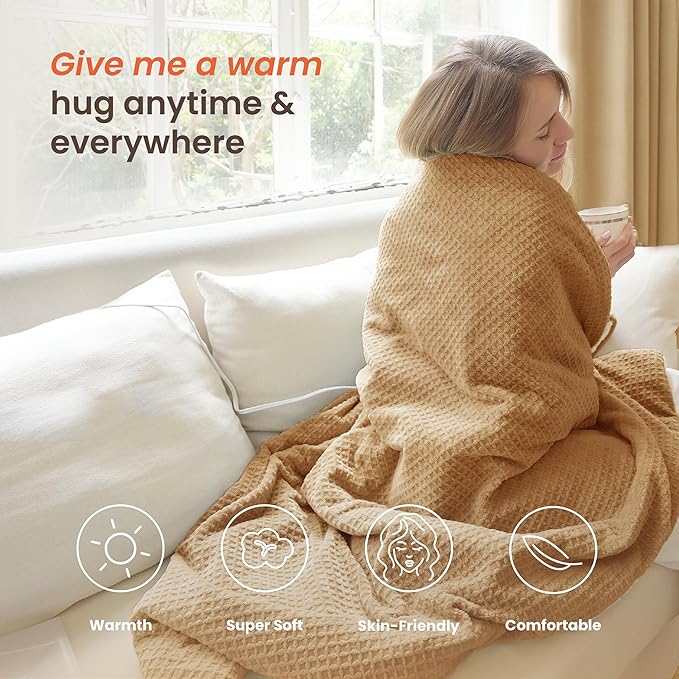 Heated Blanket Electric Throw Waffle, 50x60 Inches Sherpa Fleece Fast Heating Blanket 6 Heating Levels & 4 Hours Auto Off ETL Certification, Caramel Throw