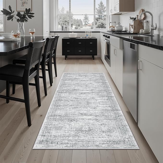 Runner Rug 2'x6' Washable Non-Slip Runner Rugs for Kitchen Bathroom Laundry Room Grey Vintage Floor Carpet Runners for Hallway Entryway