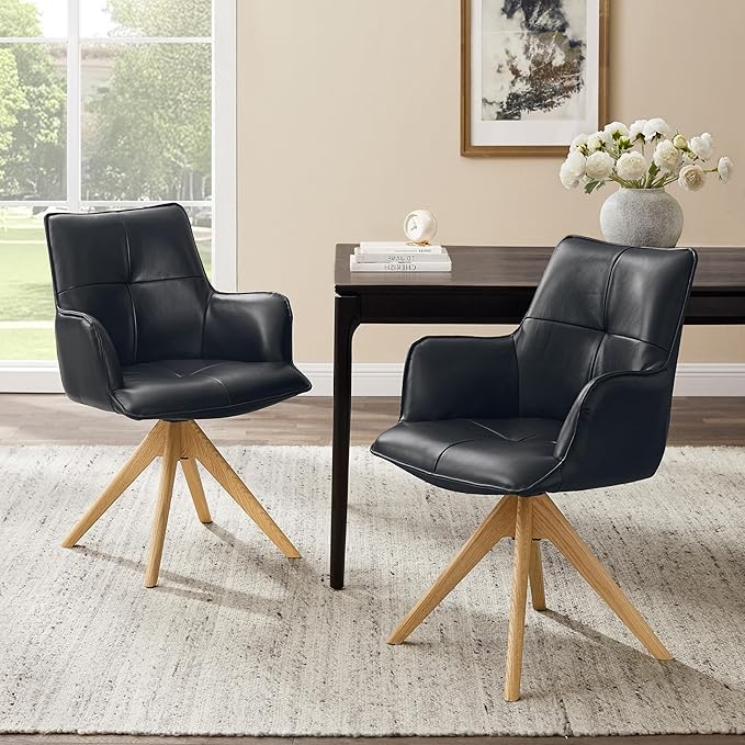 Art Leon Desk Chair Without Wheels - Mid Century Modern Swivel Office Chair, Genuine Leather Upholstered Accent Chair with Oak Wood Legs for Small Space Living Room Bedroom, Set of 2, Black Blue