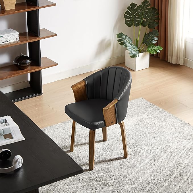 Art Leon Swivel Dining Chairs, Set of 2, Mid Century Modern Faux Leather Upholstered Kitchen Dining Room Chairs, Accent Desk Chairs with Wood Legs, Black/Walnut