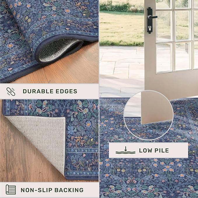 Washable Dining Room Rugs for Under Table - 7x9 Dark Blue Oriental Area Rug for Living Room, Low Pile Non-Slip Floor Carpet for Bedroom Under Bed - Vintage Design & Stain Resistance (7x9 Dark Blue)