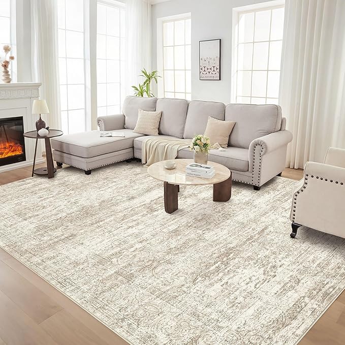 Area Rug Living Room Rugs - 8x10 Abstract Large Soft Indoor Washable Rug Neutral Modern Low Pile Carpet for Bedroom Dining Room Farmhouse Home Office - Vintage Beige