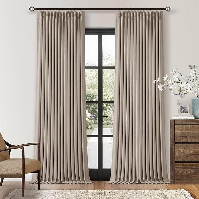 Dark Flax Linen Pinch Pleated 100% Blackout Curtains 90 Inch Length 2 Panels Set Burlywood Birch Tan Brown Pinch Pleat Curtains Black Out Blocking Room Darkening Drapes for Bedroom Living Room Window