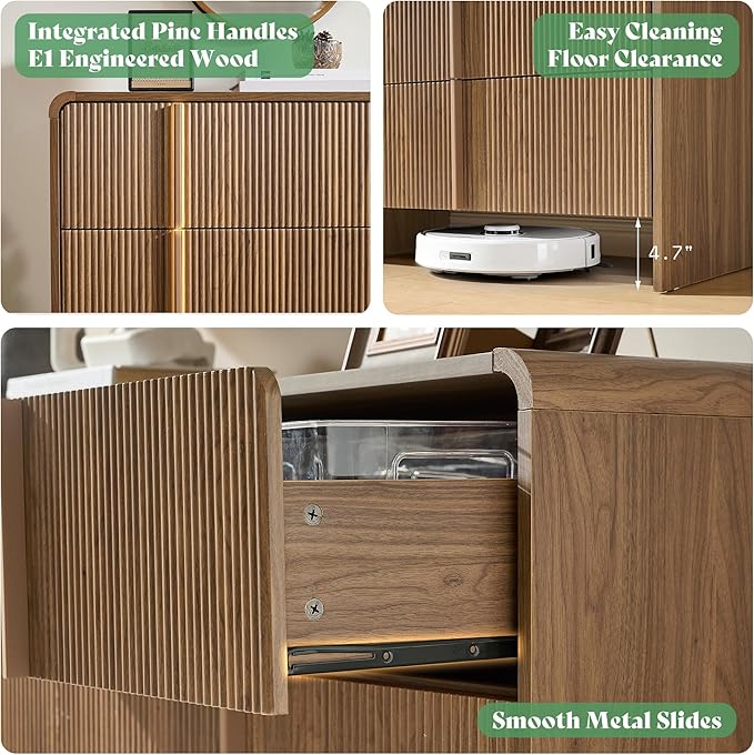AMERLIFE Fluted 5 Drawer Dresser, 48" Tall Modern Chest of Drawers with Pine Handles, Rounded Corners & Anti-Tip, Wood Drawer Organizer for Cloth, Bedroom, Living Room, Hallway, Dark Walnut