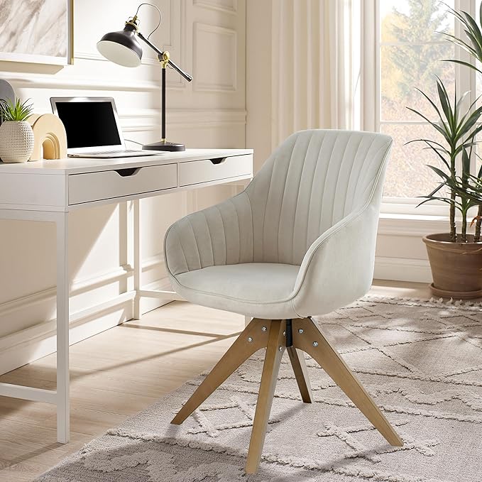 Zouron Mid Century Modern Swivel Accent Chair, Vanity Chair with Wooden Legs, Upholstered Arm Chair No Wheels, Accent Side Chair for Small Space Home Office Living Room Bedroom, Raw White