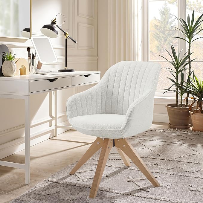 Zouron Accent Chair with Wooden Legs, Swivel Desk Chairs No Wheels, Upholstered Armchair Vanity Chair for Small Space Home Office Living Room Bedroom, Beige and Natural Wood