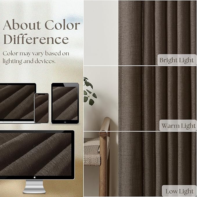 Dark Chocolate Pinch Pleated Linen Curtains 2 Panels for Living Room Bedroom Memory Training Shaped Semi Sheer Pleat Drapes with Hooks Rings Light Filtering Window Curtain 40x108