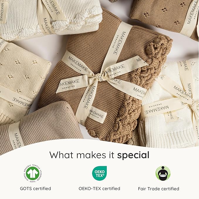 MakeMake Organics Organic Cotton Throw Blanket GOTS Certified Organic Knit Blanket Couch Bed Neutral Fall Colors Soft Cotton Throw Blanket Large (50x60, Sand)