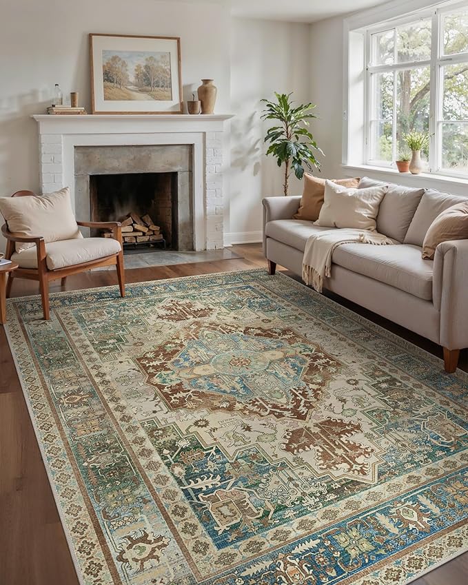 GENIMO 6X9 Area Rugs for Living Room, Machine Washable Vintage Floor Cover Foldable Modern Non Slip Rug, Low Pile Soft Indoor Carpet Floral Print Mat Rug,Bedroom/Dining Room/Home Office,Sage Green