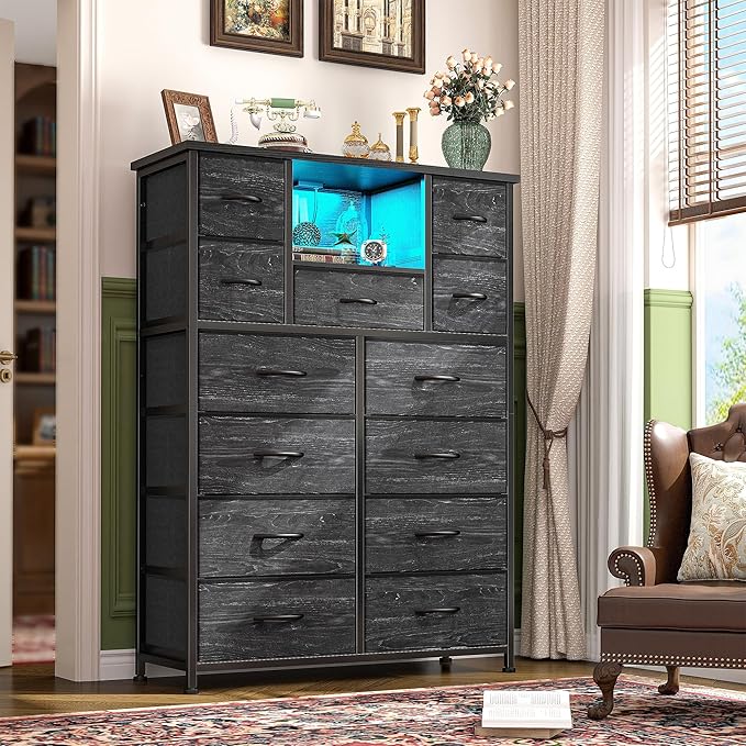 Dresser for Bedroom with 13 Fabric Drawers, Black Dresser with LED & 4 Charging Ports, 47''H Chest of Drawers with Open Storage Shelves for Hallway, Entryway