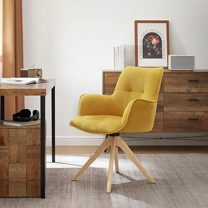 Art Leon Mid Century Modern Swivel Accent Chair - Home Office Desk Chair No Wheels, Fabric Upholstered Armchair with Oak Wood Legs for Small Space Living Room Bedroom, Yellow