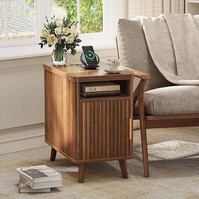 Huuger Narrow End Table with Charging Station, USB-C Port, Fluted Nightstand with Storage Cabinet, Back Rack, Farmhouse Side Table for Small Spaces, 13.4 × 23.6 Inch Night Stand, Walnut