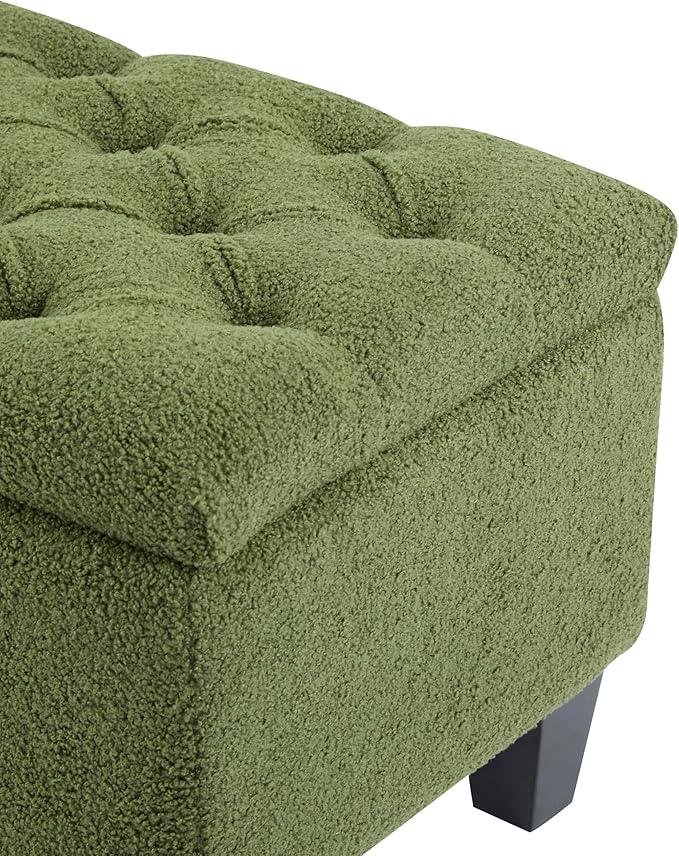 GDFStudio Boucle Storage Ottoman Bench with Button Tufting, 50.75” Upholstered Entryway Bench with Hidden Storage, Soft Close Lid, Rubberwood Legs, Extra Seating for Bedroom, Living Room – Green