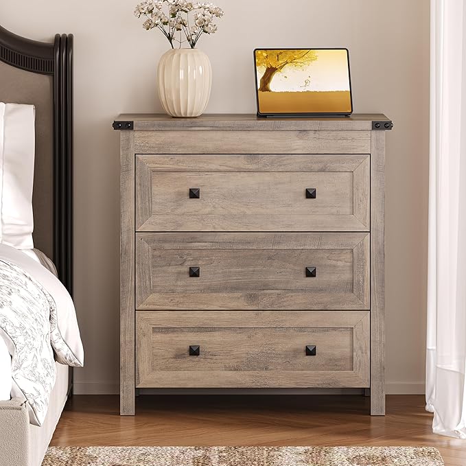 3-Drawer Dresser, Small Wooden Chest of Drawers with Metal Knobs, Water-Resistant Top, Storage Organizer with Anti-Tip Kit for Bedroom, Nursery, Living Room