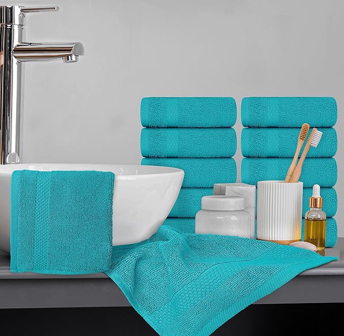 White Classic Luxury Cotton Washcloths 13x13 Inch - 650 GSM Turkish Cotton | Hotel, Spa, Bathroom Face Towel | 12 Pack, Aqua