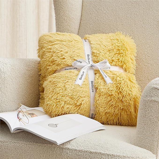 Bedsure GentleSoft Fluffy Yellow Blankets Queen Size for Bed, Thick Sherpa Faux Fur Fleece Fuzzy Plush Winter Warm Heavy Soft Full Queen Blankets, Bedroom Decor Yellow Cozy Gifts for Women Men, 90x90